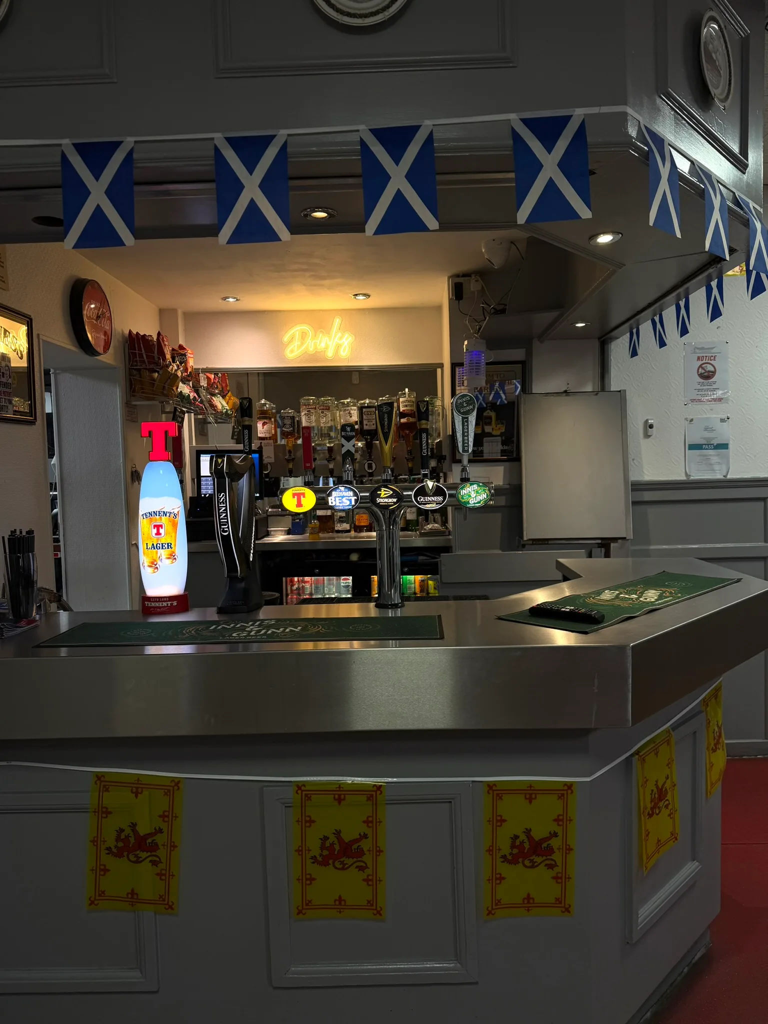 The club bar decorated with Scottish bunting