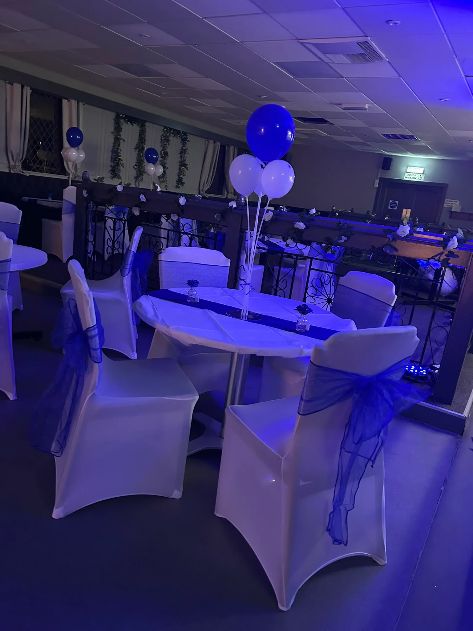 Party tables and chairs dressed in blue and white with matching balloons